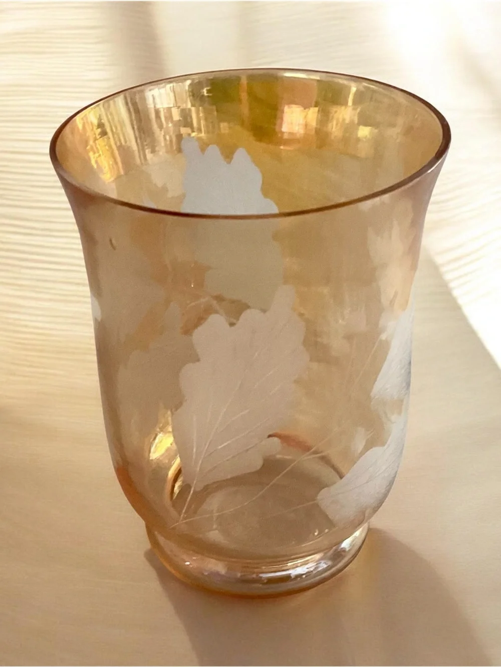 Vintage Iridescent Peachy Orange Etched Leaf Amber Glass Vase or Candle Holder